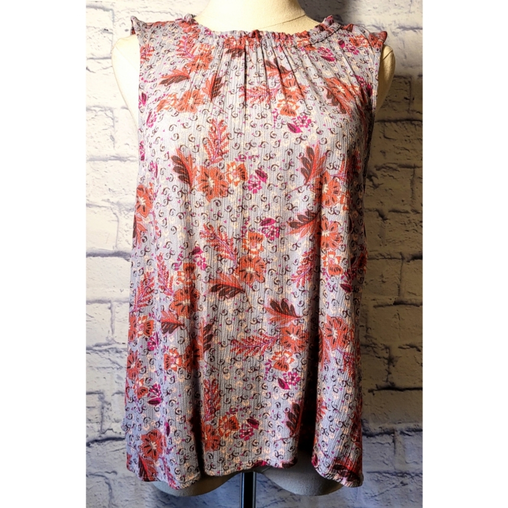 Roan and Ryan Floral Print Sleeveless Top Size M Ruffled Blue Pink Flowy Summer